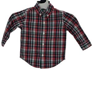 Janie and Jack Boys size 12/18 M Button Up Plaid Pocket Shirt 100% Cotton Red